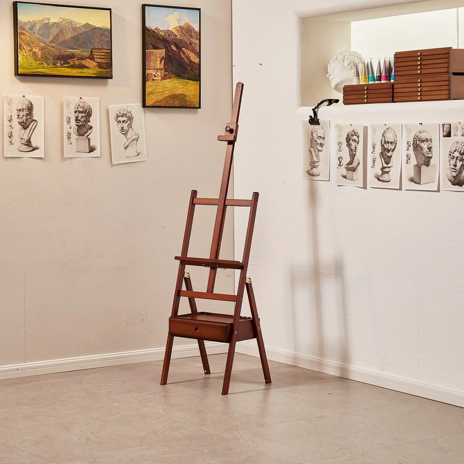 MEEDEN Studio H-Frame Floor Easel with Storage Drawer-Dark Walnut-HJ-1A - Image 2